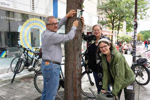 Bild vergrößern: Thomas Schneider, Bürgermeisterin Petra Kleine und Jasmina Schmidt (v.l.) kümmern sich um den Baum in der Mauthstraße